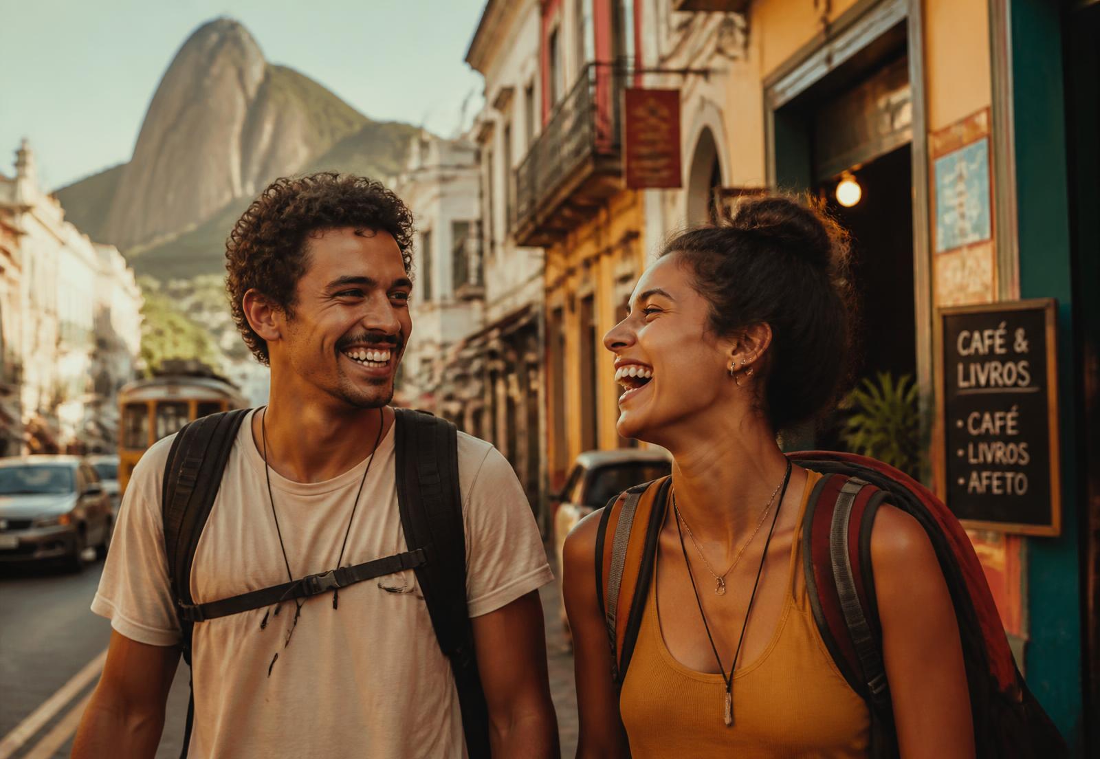 Casal de viajantes com mochilas sorrindo em rua ensolarada no Brasil